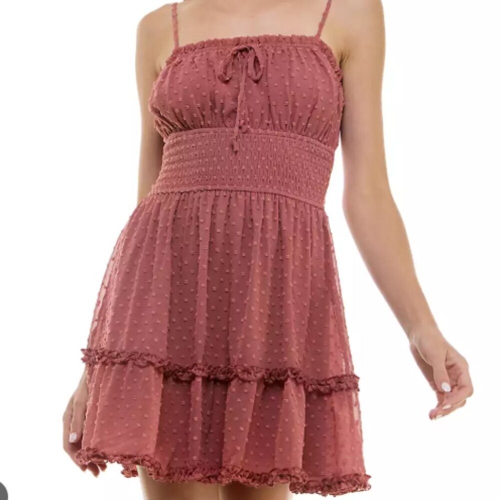 Trixxi  |Dusty Rose Smocked Fit & Flare Mini Dress Ruffle Hem | Size M | NWT - Picture 3 of 7